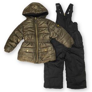 Pink Platinum Girl’s 2T 2 Piece Metallic Gold Puffer Coat Black Bib Snow Pants